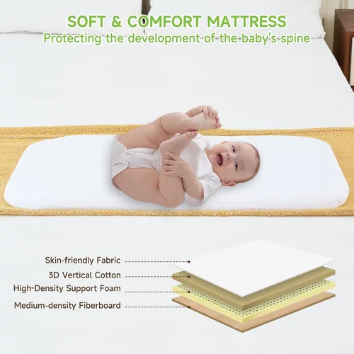 Vista 8 de Real Relax Moisés para bebé, cuna 3 en 1 con cesta de almacenamiento y ruedas, moisés mecedora fácil de plegar para cama lateral, altura ajustable