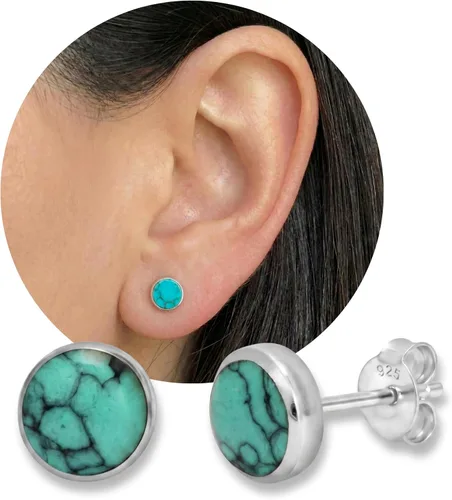 Vista 9 de Sterling Silver Turquoise & Black Onyx Stone Small Stud Earrings, Handmade Minimalist Style Lightweight Comfortable Fit Everyday Wear