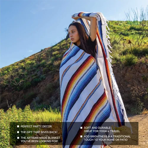 Vista 3 de Manta mexicana premium auténtica manta tejida a mano, manta de yoga, hecha por artesanos mexicanos tradicionales. La manta es perfecta