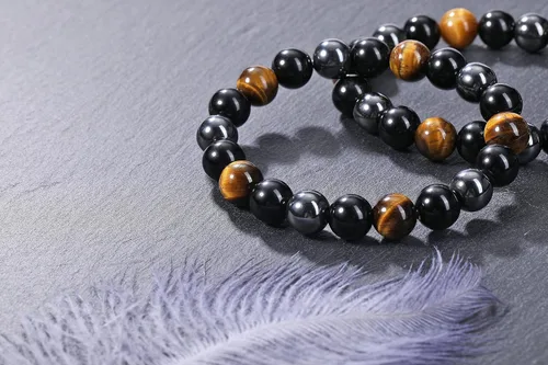 Vista 2 de Jovivi Pulsera de piedra de ojo de tigre de obsidiana negra de hematita para hombres y mujeres, de 0.394in, cuentas de piedras preciosas redondas