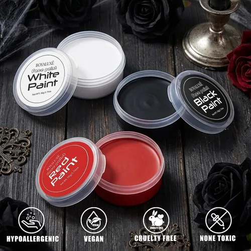 Vista 6 de Kit de pintura facial blanca y negra para Halloween con base de aceite, kit Negro-blanco