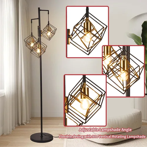 Vista 5 de Lámpara de pie regulable para sala de estar, lámpara de pie rústica de 3 luces, lámpara de pie moderna y brillante, lámpara de pie industrial