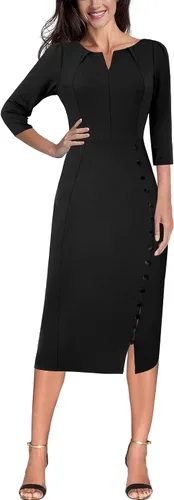 Vista 2 de VFSHOW Vestido plisado con cuello en V para mujer, con botones divididos, para el trabajo, oficina, negocios, ajustado, vestido de tubo