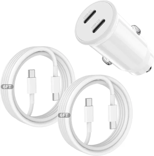 Vista 12 de Cargador de coche para iPhone 17 16 15 de carga rápida, cargador de coche USB C de doble puerto de 40 W con 2 cables USB C de 3 pies, adaptador