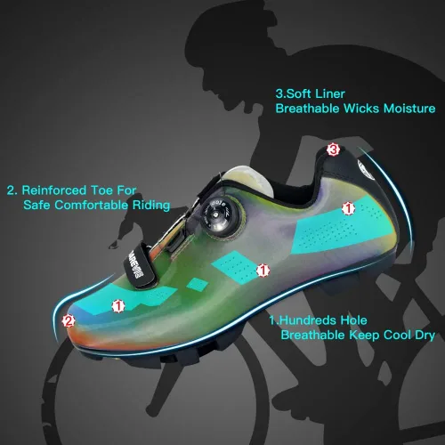 Vista 3 de Darevie Zapatos de ciclismo MTB para hombre, zapatos de bicicleta de montaña con múltiples funciones sin clip, tacos de pedal reflectantes coloridos