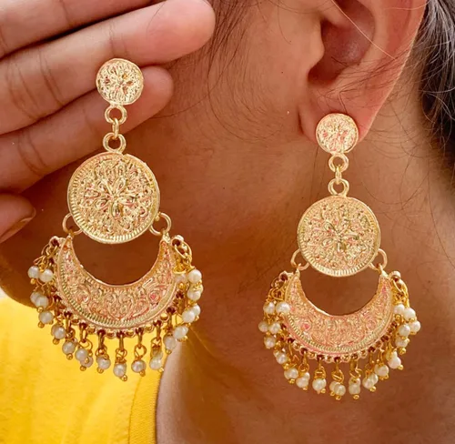 Vista 8 de Touchstone Aretes indios para mujer, joyería de oro, lámpara folklórica, colgante chandbali, declaración gitana, tradicional, boda, novia, moda