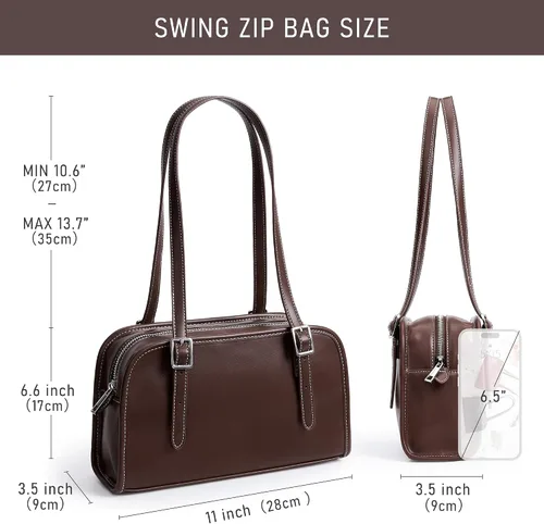 Vista 4 de KALIDI - Bolso de hombro de piel con cremallera Swing para mujer Café