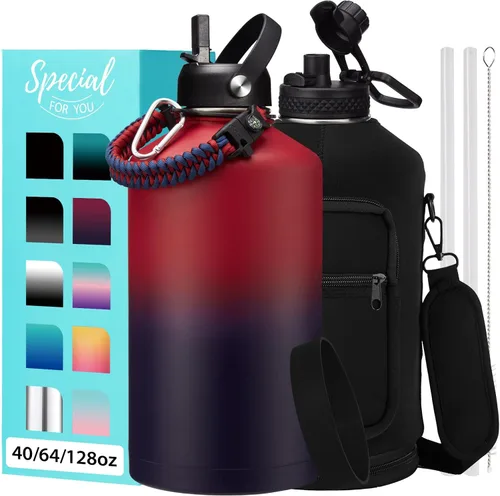 Vista 46 de Botellas de agua de 32 onzas aisladas con pajita y tapa para beber de un sorbo, asa de paracord, bolsa de transporte con correa, termo de triple