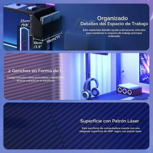 Vista 4 de MAHANCRIS Escritorio para videojuegos, escritorio de computadora con estación de carga y luz LED, escritorio pequeño para PC con bolsa