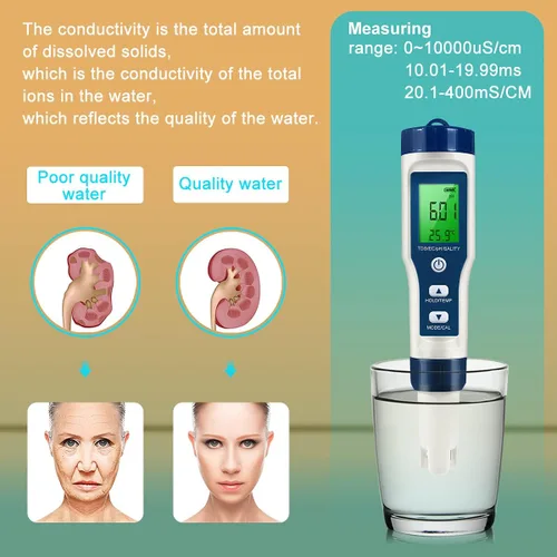 Vista 6 de Medidor TDS 5 en 1, medidor de pH digital de alta precisión 0.01 para agua, probador de PH/TDS/EC/sal/temperatura, medidor PPM para agua potable
