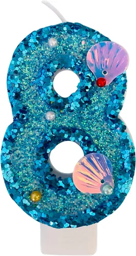 Vista 16 de Vela de número azul, velas de número con lentejuelas en forma de concha para pasteles de cumpleaños, suministros para fiestas con temática