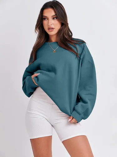 Vista 2 de ANRABESS Sudadera de gran tamaño para mujer, de forro polar, manga larga, cuello redondo, informal, para otoño 2023, ropa de moda