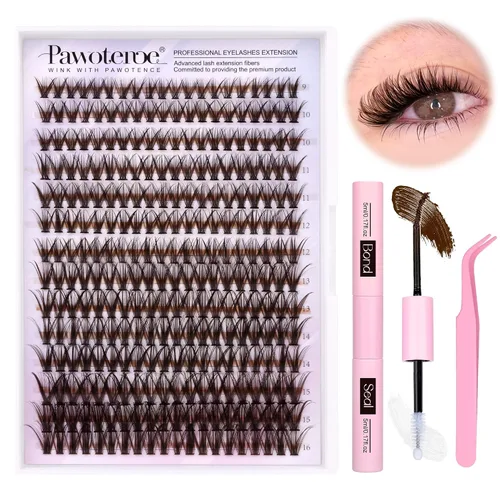 Vista 32 de Kit de Extensión de Pestañas Pawotence DIY 280 piezas, Kit de Racimos de Pestañas Individuales 20D y 30D Naturales 9-15mm, Kit de Extensiones
