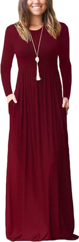 Vista 27 de GRECERELLE Vestido largo de manga larga para mujer, casual, cuello redondo, holgado, sólido floral, maxi largo con bolsillos, S-3XL A-Negro
