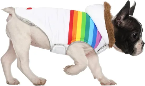 Vista 17 de HDE Chaqueta acolchada para perro, con forro polar, abrigo de invierno cálido para perro con agujero para arnés a rayas rosas, talla S Raya rosa