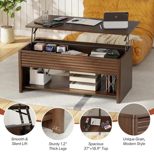 Vista 3 de Mesa de centro con parte superior acanalada para sala de estar, mesa de centro pequeña con almacenamiento de elevación hidráulica, gran capacidad