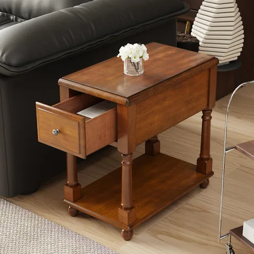 Vista 17 de Mesa auxiliar estrecha de madera maciza con cajón, mesa auxiliar de sofá con estantes de almacenamiento, mesa auxiliar delgada, teléfono