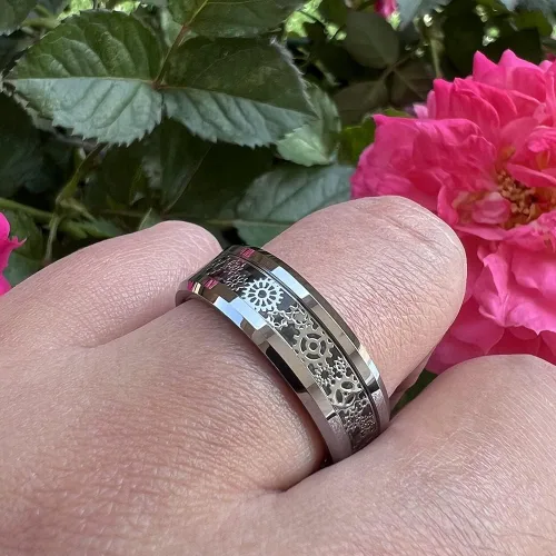 Vista 6 de Wow Jewelers - Anillo de tungsteno de 6 mm y 8 mm color negro, plateado, rojo y azul para hombres y mujeres, anillos de matrimonio estilo Steampunk