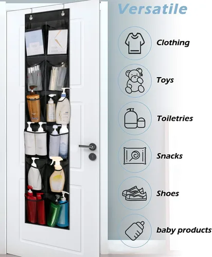 Vista 5 de MISSLO Organizador de zapatos sobre la puerta, 12 bolsillos grandes de malla para colgar puerta estrecha de armario, negro, paquete de 2