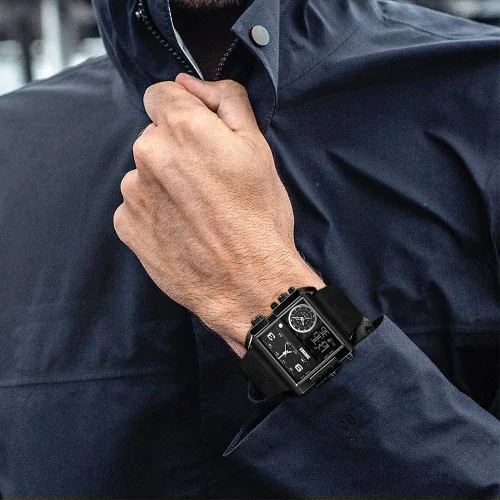 Vista 5 de SKMEI Relojes cuadrados para hombre, retroiluminación LED, pantalla grande, zona multihoraria, impermeable, analógico, reloj deportivo digital