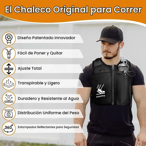 Vista 5 de Chaleco de correr con cremallera, chalecos reflectantes para correr con 6 bolsillos, botella de hidratación de 16.9 fl oz, pecho y cintura