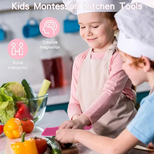 Vista 5 de Montessori Herramientas de cocina juguetes regalos para niños y niñas de 4 5 6 7 8 9 10 años de edad, juego de cuchillos seguros de cocina real