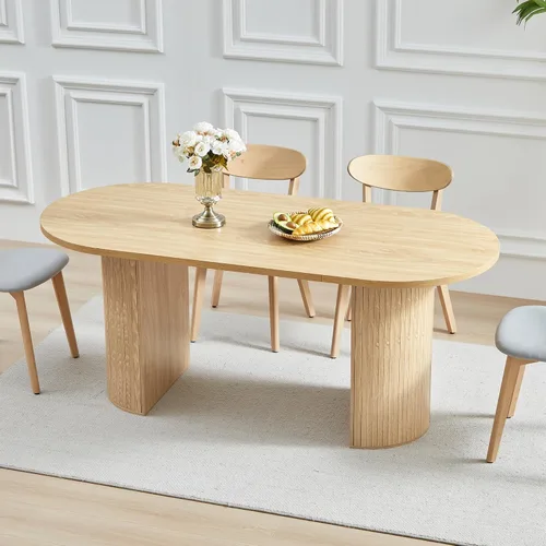 Vista 10 de Mesa de comedor extensible rectangular de 55 pulgadas–71 pulgadas para 4–6 personas, mesa de cocina expandible de estilo rústico moderno con base