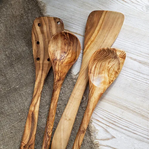 Vista 4 de Forest Decor Utensilios de madera de olivo, utensilios de madera para cocinar, juego de utensilios de madera hechos a mano, utensilios de madera