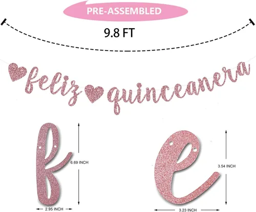 Vista 2 de Cartel de Feliz Quinceañera, oro rosa con purpurina Happy Quinceañera/Princesa De Quince/Mis Quince 15, suministros de decoración de fiesta