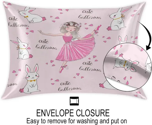 Vista 2 de Funda de almohada de satén para cabello y piel, tamaño estándar, lindo conejito bailarín, suave, transpirable, suave, refrescante, fundas