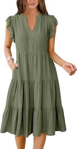 Vista 30 de ANRABESS Vestido de verano para mujer, manga con volantes, cuello en V, vestido midi a la moda, casual, holgado, escalonado, bohemio, playa