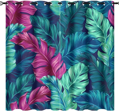 Vista 15 de Cortinas abstractas de hojas tropicales, acuarela tropical, hojas de palma, verano hawaiano, plátano, aislamiento térmico, cortinas completas