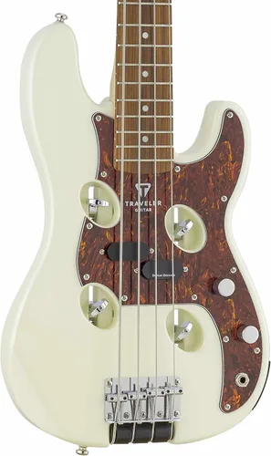 Vista 7 de Traveler Guitar TB-4P Pearl White Bass Guitarra de viaje con entrada auxiliar Bajo de 4 cuerdas con 22 trastes jumbo Bajo eléctrico portátil
