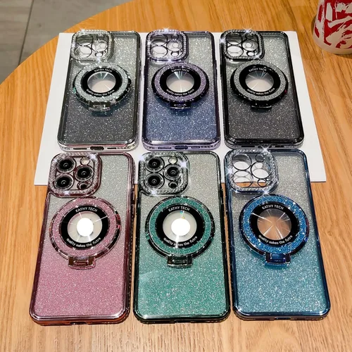 Vista 4 de Funda con Purpurina y Diamantes de Imitación Compatible con iPhone 11, Funda con Soporte y Protector de Lente de Cámara, Funda Blanda con Brillante