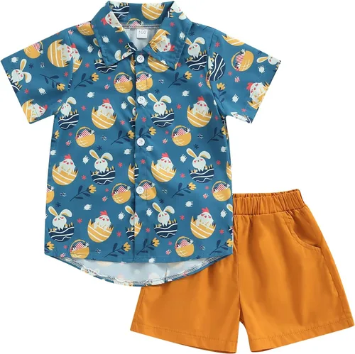 Vista 15 de Conjunto de 2 piezas de camiseta de manga corta con botones y pantalones cortos sólidos para bebé niño