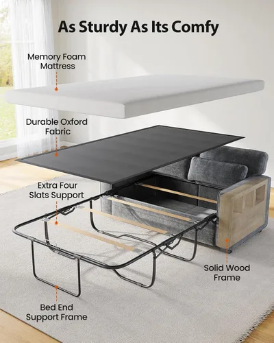 Vista 5 de Marsail Sofá cama extraíble, sofá cama tamaño Queen con colchón de espuma viscoelástica, 2 puertos de carga USB y fundas extraíbles, sofá biplaza