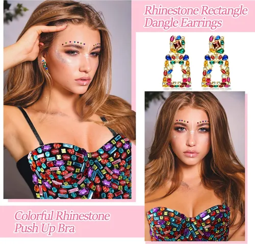 Vista 5 de Rhinestone Push up Bra Clubwear Colorful Beaded Bustier Crop Top Bra Crystal Rectangle Dangle Earrings, Run Small 1 or 2