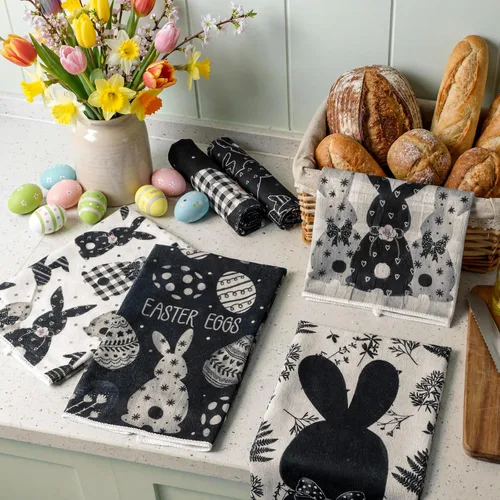 Vista 7 de Preboun 6 toallas de cocina con huevos de Pascua, toallas de mano retro con diseño de conejo, color negro y blanco a cuadros, paño decorativo