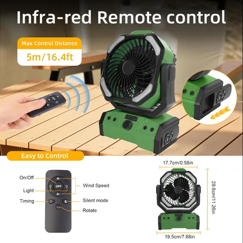 Vista 6 de ELZO Ventilador de campamento de 30000 mAh con luz LED, máximo 70 horas de trabajo, portátil inalámbrico, recargable, ventilador USB con gancho