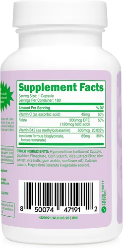 Vista 3 de Wellah Suplemento de hierro para mujeres (65 mg) 180 cápsulas