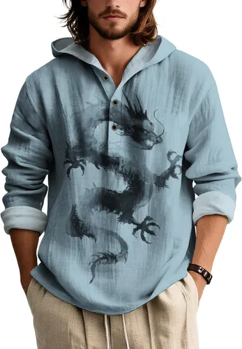 Vista 23 de Sudadera con capucha con estampado novedoso para hombre, multiestilo, manga larga, casual, con botones de un cuarto