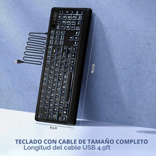Vista 6 de KOPJIPPOM Teclado Retroiluminado de Letras Grandes, Teclado de Computadora con Cable USB, Teclado de Tamaño Completo con LED Blanco Iluminado