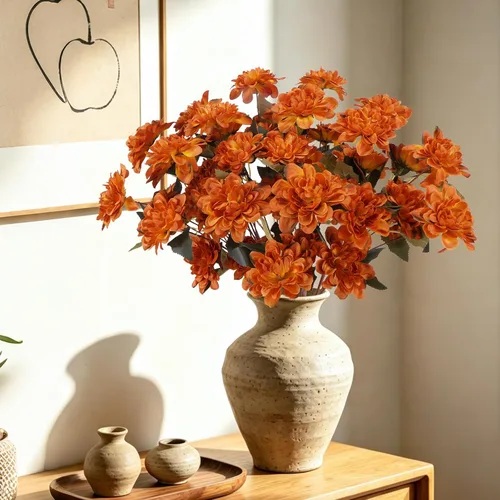 Vista 5 de Ramo de flores artificiales de dalia de seda naranja quemada, arreglo de flores de imitación para mamá, decoración de terracota, flores falsas