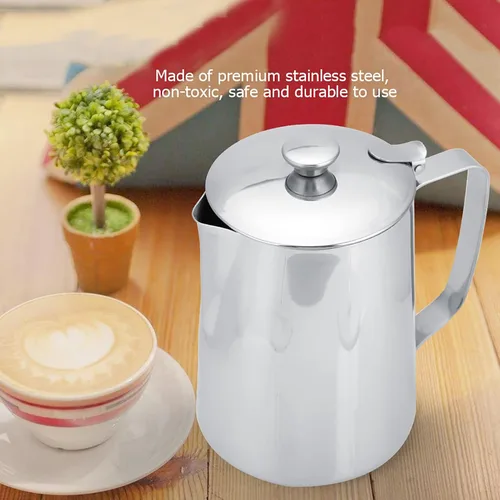 Vista 8 de Taza de café de acero inoxidable, jarra de espuma de leche con tapa para café con leche, jarra de espuma de leche de 11.8 fl oz, jarra de espuma