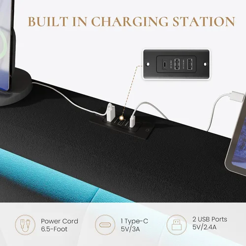 Vista 6 de SHA CERLIN - Base de cama tamaño King con estación de carga y luces LED, cama moderna de plataforma de terciopelo con cabecera tapizada geométrica