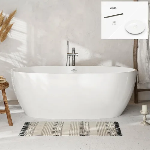 Vista 34 de FerdY Tahití - Bañera de acrílico independiente de 55 pulgadas, elegante bañera de remojo de forma ovalada, blanco brillante, drenaje dorado