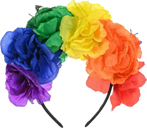 Vista 7 de DreamLily Frida Kahlo NC26 - Diadema con corona de rosas mexicanas para disfraz de fiesta de Halloween