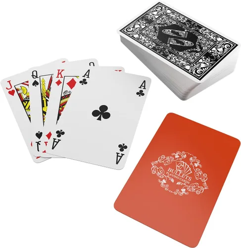 Vista 3 de Bullets Playing Cards, Backpacker - Naipes de plástico en caja de aluminio con reglas para 5 juegos de mochileros, incluyendo tarjetas cortadas