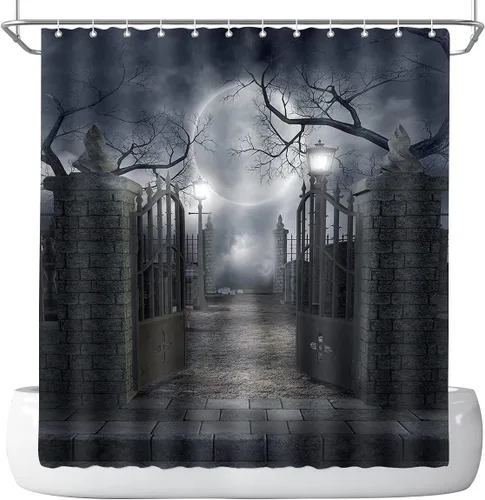 Vista 2 de Cortina de ducha de Halloween para baño, noche aterradora, patio, puerta, luna espeluznante, árbol muerto, lámpara de calle, poliester, impermeable