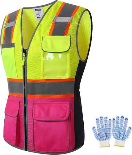 Vista 12 de Chaleco de seguridad para mujer, múltiples bolsillos, de alta visibilidad, reflectante, malla transpirable, chaleco de trabajo para dama, cremallera